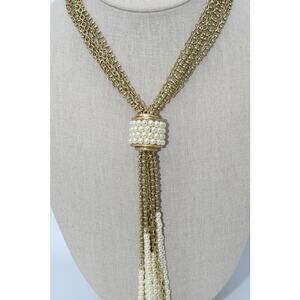 Chico’s Long Gold Chain Necklace Faux Pearl Tassel NWT 29 Inch